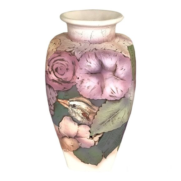 John Davis Pottery Ceramic Vase 12" Sculpted Inlaid Floral Bouquet With Birds